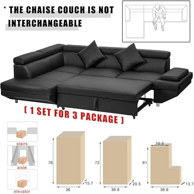 Sectional Sleeper Sofa Faux Leather Corner Couch with Pull Out Bed Modern 2 Piece AMU95R - Image 2