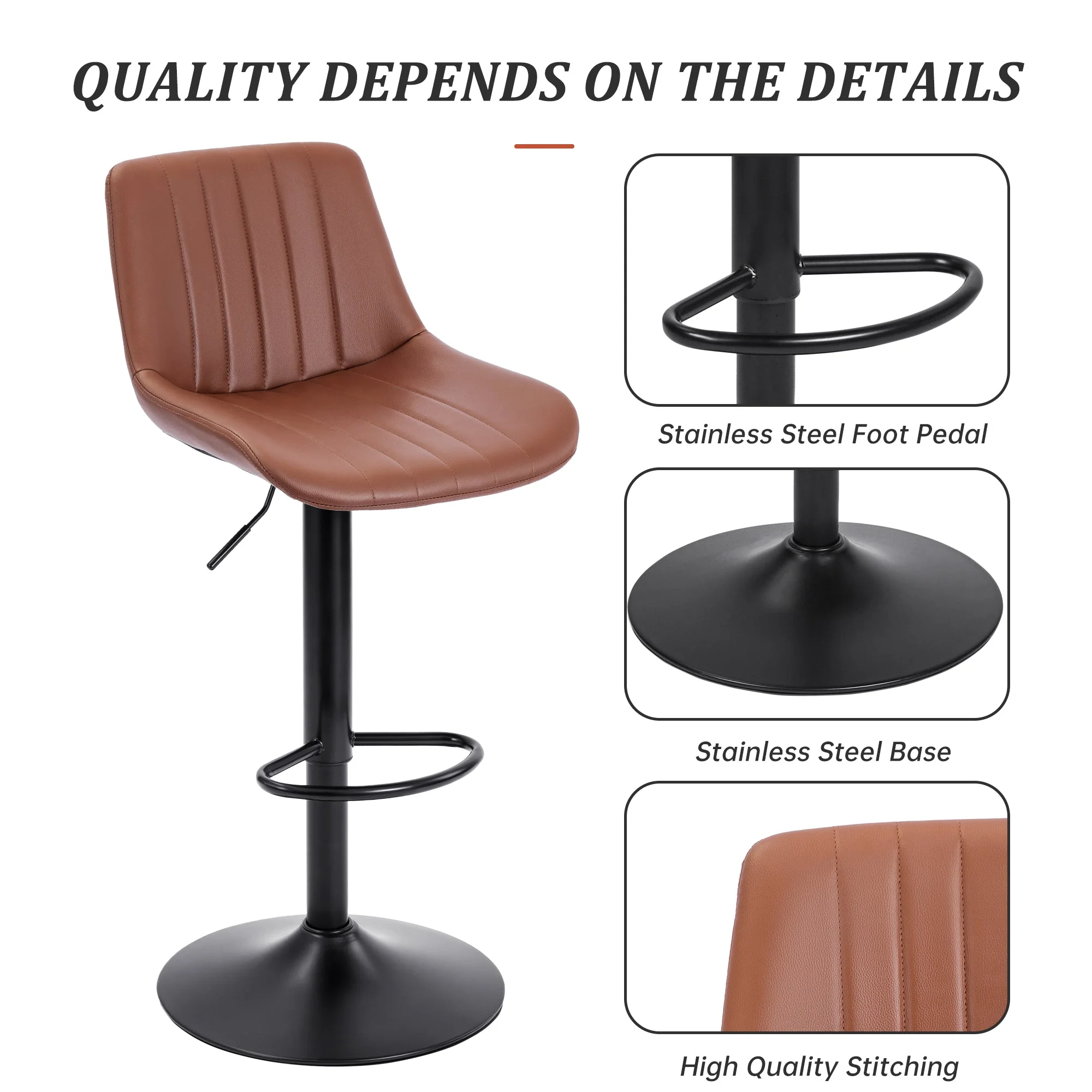 Set of (2) Adjustable Swivel Bar Stools 35"–43" PU Leather Counter Chairs Black Brown - Image 9