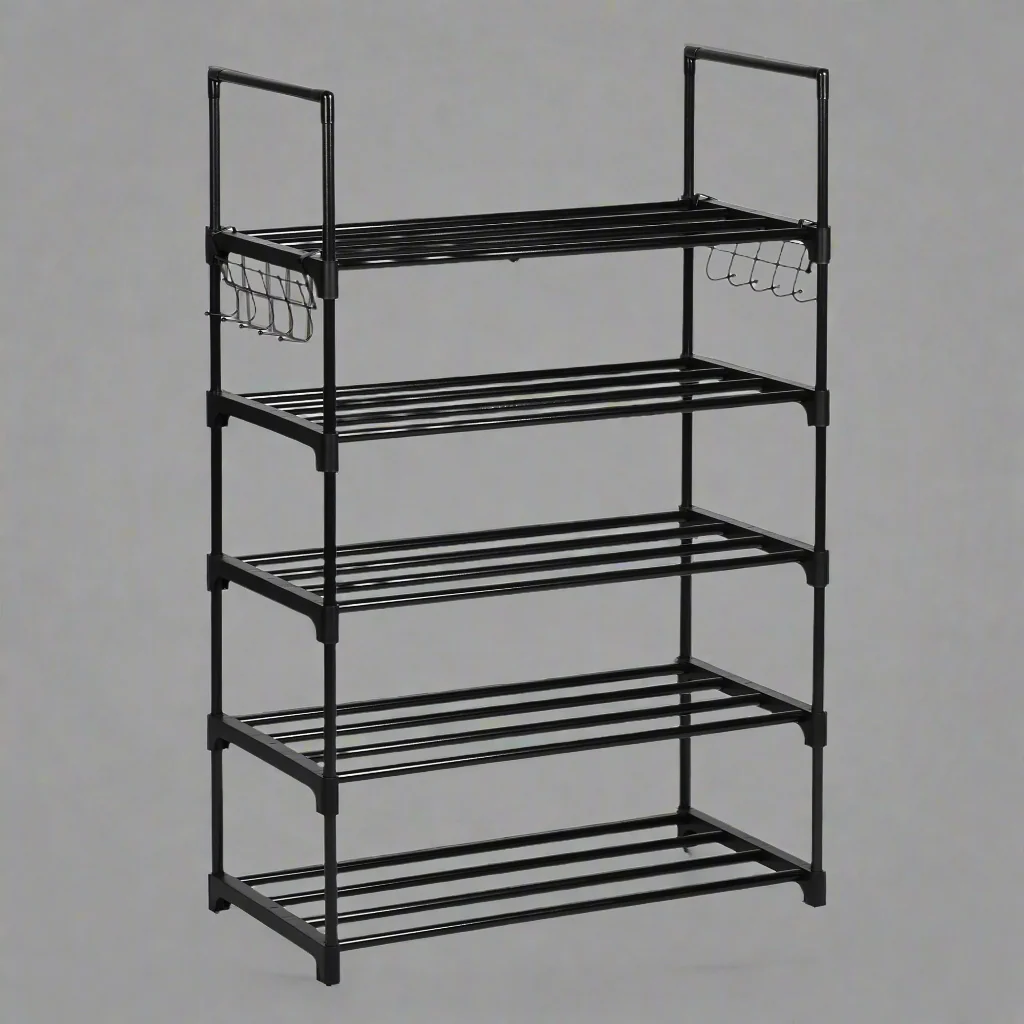 5-Tier Shoe Storage Rack with Hooks – Metal Freestanding Organizer for Entryway or Closet | SKU: AMSR500