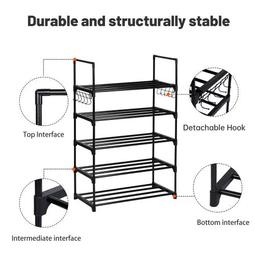 5-Tier Shoe Storage Rack with Hooks – Metal Freestanding Organizer for Entryway or Closet | SKU: AMSR500 - Image 2