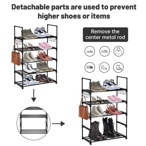 5-Tier Shoe Storage Rack with Hooks – Metal Freestanding Organizer for Entryway or Closet | SKU: AMSR500 - Image 3