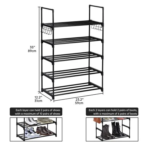5-Tier Shoe Storage Rack with Hooks – Metal Freestanding Organizer for Entryway or Closet | SKU: AMSR500 - Image 4