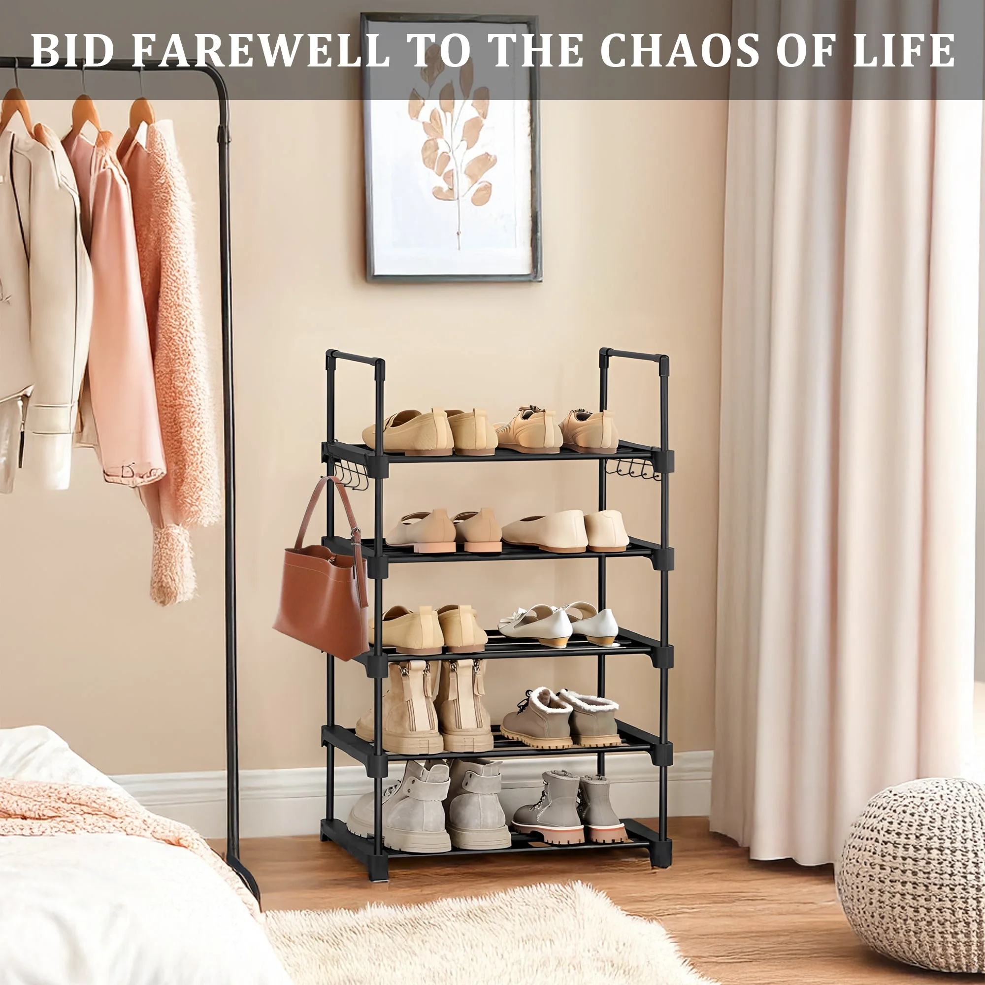 5-Tier Shoe Storage Rack with Hooks – Metal Freestanding Organizer for Entryway or Closet | SKU: AMSR500 - Image 6