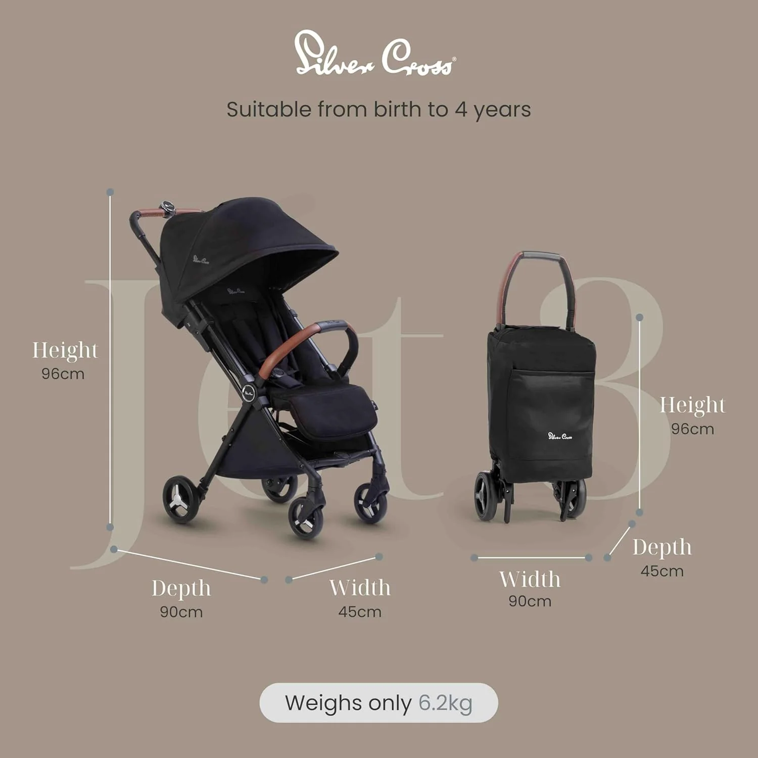 Silver Cross | Jet 3 Compact Pushchair | Travel Stroller | Foldable & Lightweight Stroller/Travel System | Cabin Size | Car Seat Compatible | Newborns - 3-4yrs | Black - Image 4