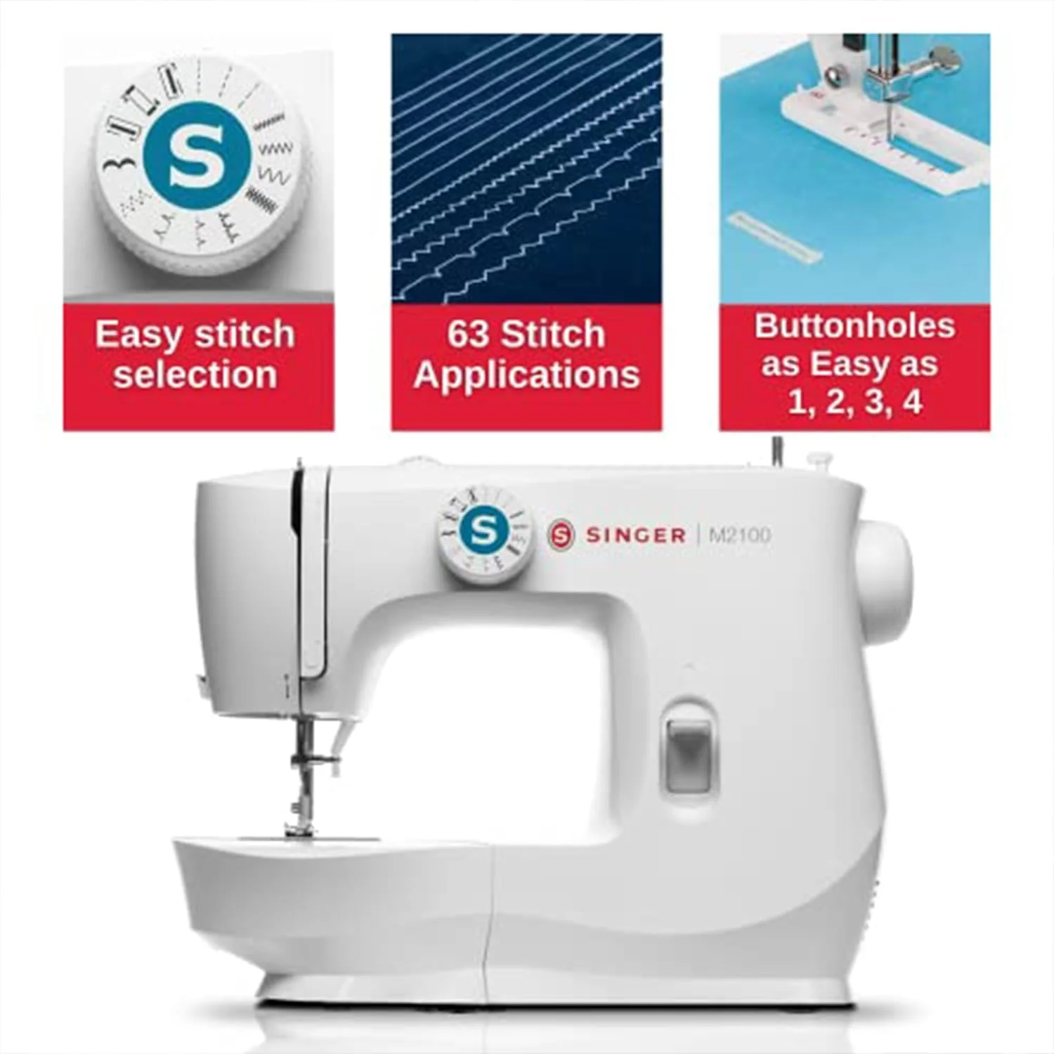 SINGER M2100 Lightweight & Compact Sewing Machine With 63 Stitch Applications, LED Light & Easy 4-step Buttonhole | Ideal for Mending and Sewing - Image 3