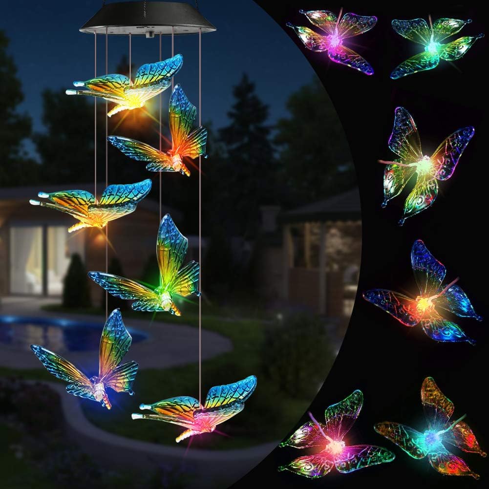 Solar Powered RGB LED Butterfly Wind Chimes Color Changing Outdoor Garden Decor 431HWC