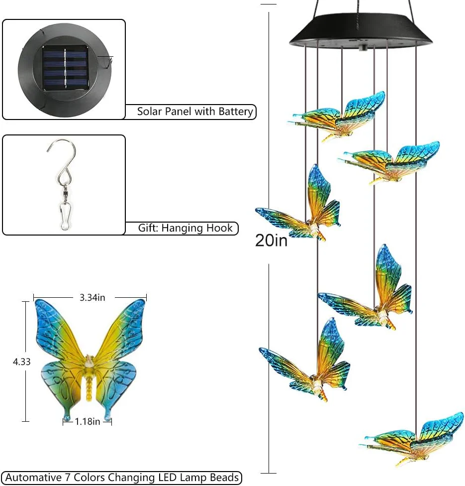Solar Powered RGB LED Butterfly Wind Chimes Color Changing Outdoor Garden Decor 431HWC - Image 2