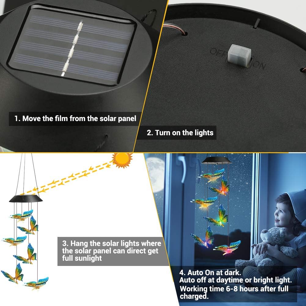 Solar Powered RGB LED Butterfly Wind Chimes Color Changing Outdoor Garden Decor 431HWC - Image 3