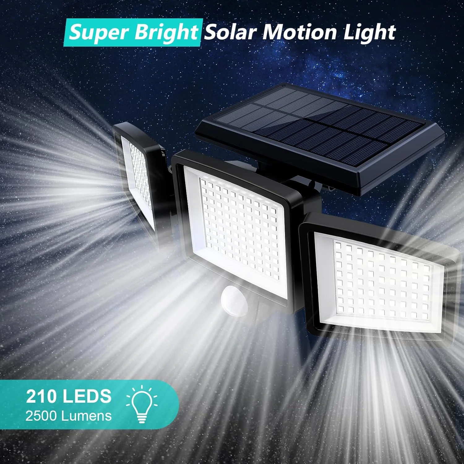 Solar Motion Sensor Outdoor Lights – 2 Pack – 2500LM Bright LED Security Flood Light – Adjustable 3-Head Solar Powered IP65 – 1284812 - Image 3