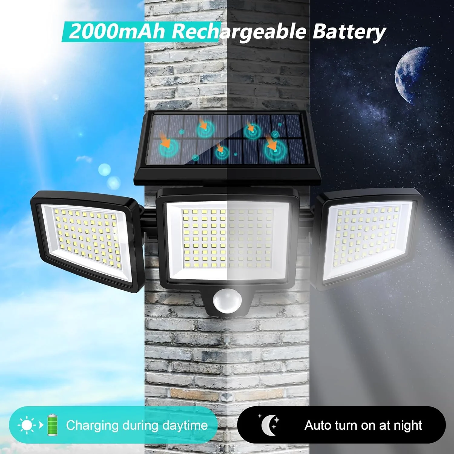 Solar Motion Sensor Outdoor Lights – 2 Pack – 2500LM Bright LED Security Flood Light – Adjustable 3-Head Solar Powered IP65 – 1284812 - Image 5
