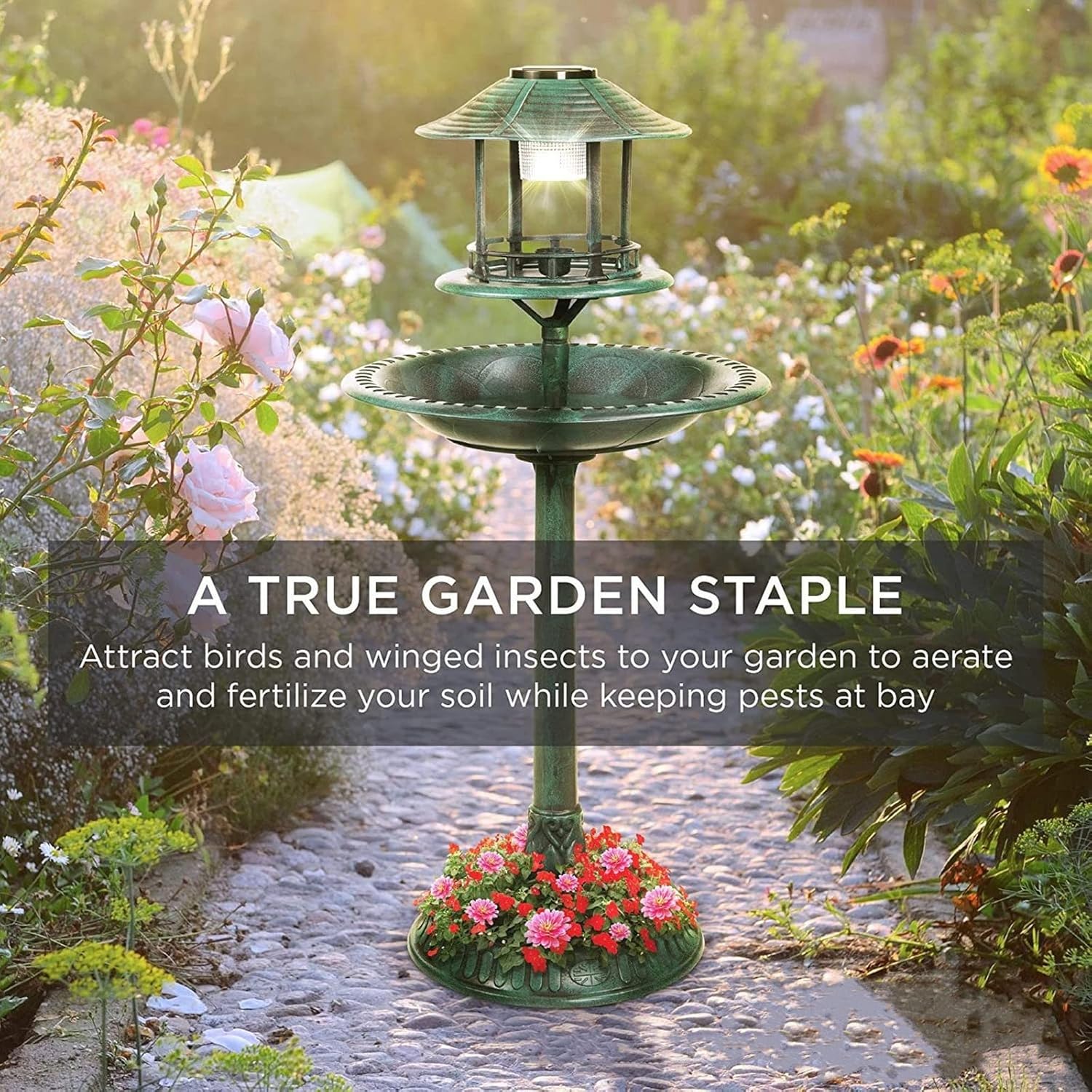 Solar Powered Bird Bath with Flower Planter – Resin Freestanding Garden Pedestal Fountain - Image 2
