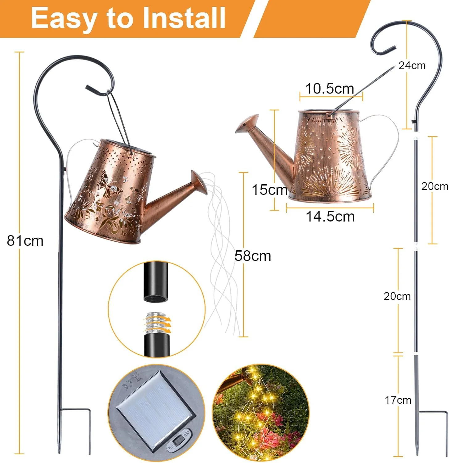 Solar Watering Can with LED Lights, Retro Metal Hanging Solar Lantern, Waterproof Garden Outdoor Decor 5341S