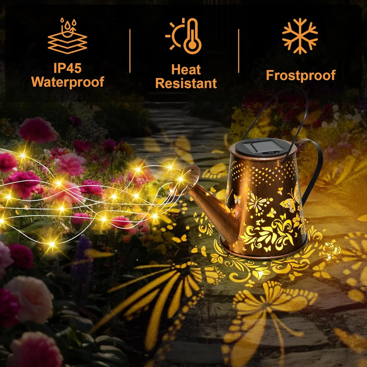 Solar Watering Can with LED Lights, Retro Metal Hanging Solar Lantern, Waterproof Garden Outdoor Decor 5341S - Image 2