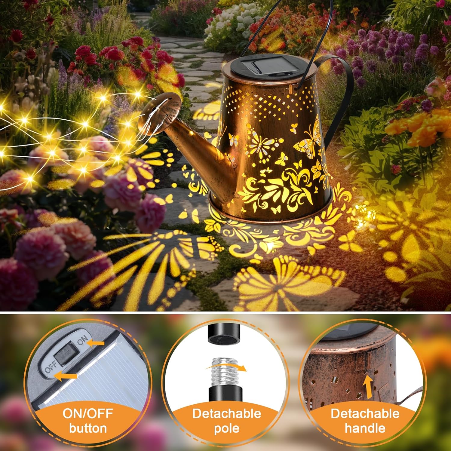 Solar Watering Can with LED Lights, Retro Metal Hanging Solar Lantern, Waterproof Garden Outdoor Decor 5341S - Image 4