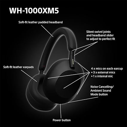 Sony WH-1000XM5 Wireless Noise Cancelling Headphones – Hi-Res Audio, 30Hr Battery, Hard Case SONWH1000XM5BLK - Image 5