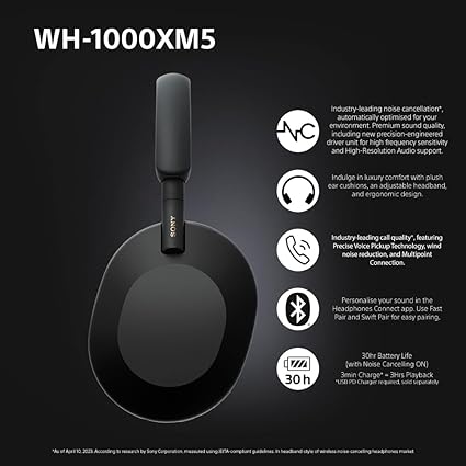 Sony WH-1000XM5 Wireless Noise Cancelling Headphones – Hi-Res Audio, 30Hr Battery, Hard Case SONWH1000XM5BLK - Image 6