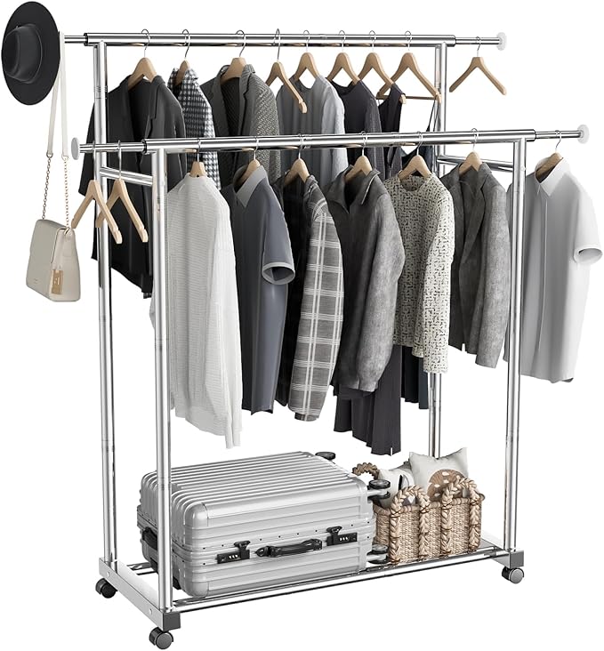 Stainless Steel Clothes Rack Portable Wardrobe Closet with Wheels Anti Rust Metal Frame - Image 2