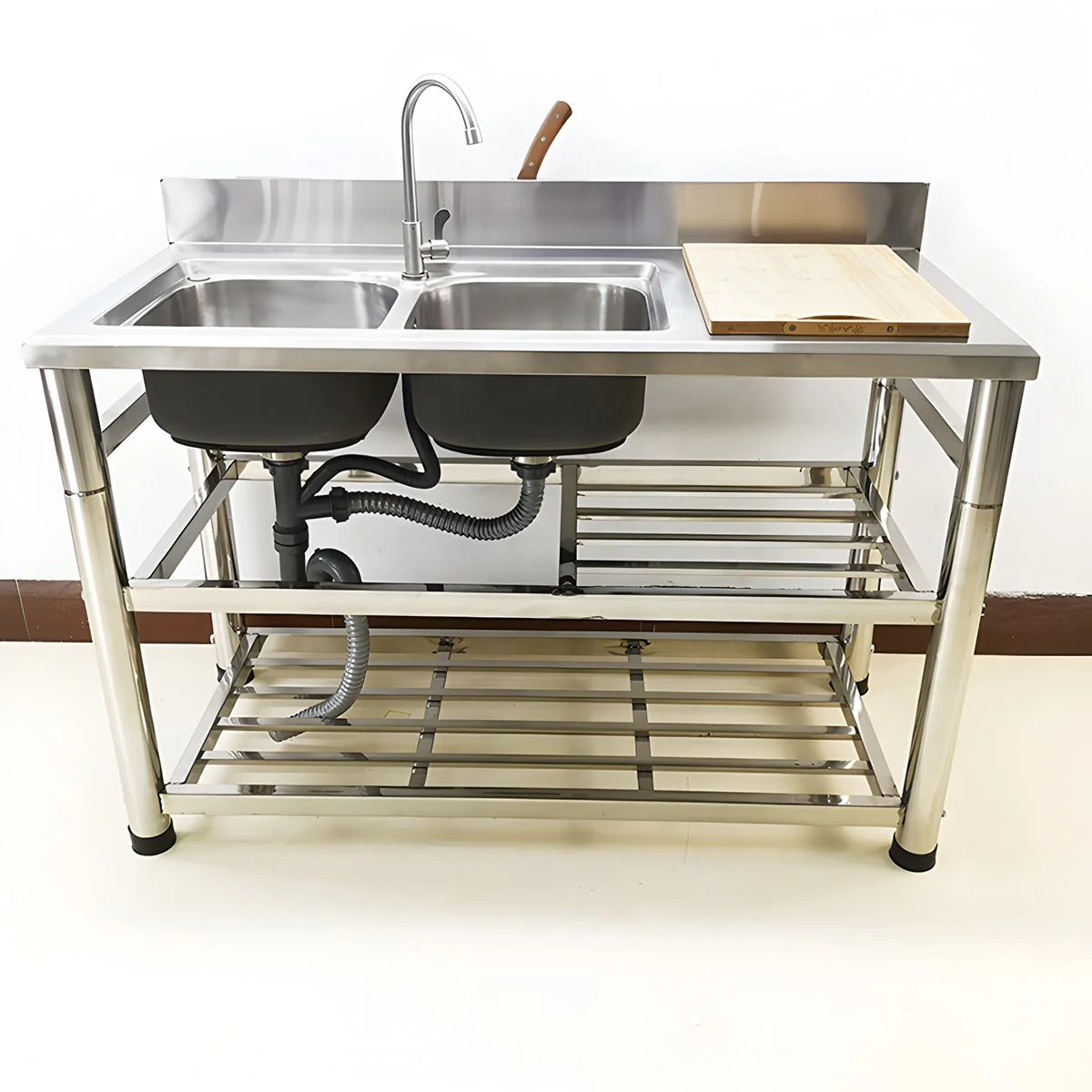 Stainless Steel Double Sink with Faucet & Drain – Commercial Utility Prep Table 9938841 - Image 2