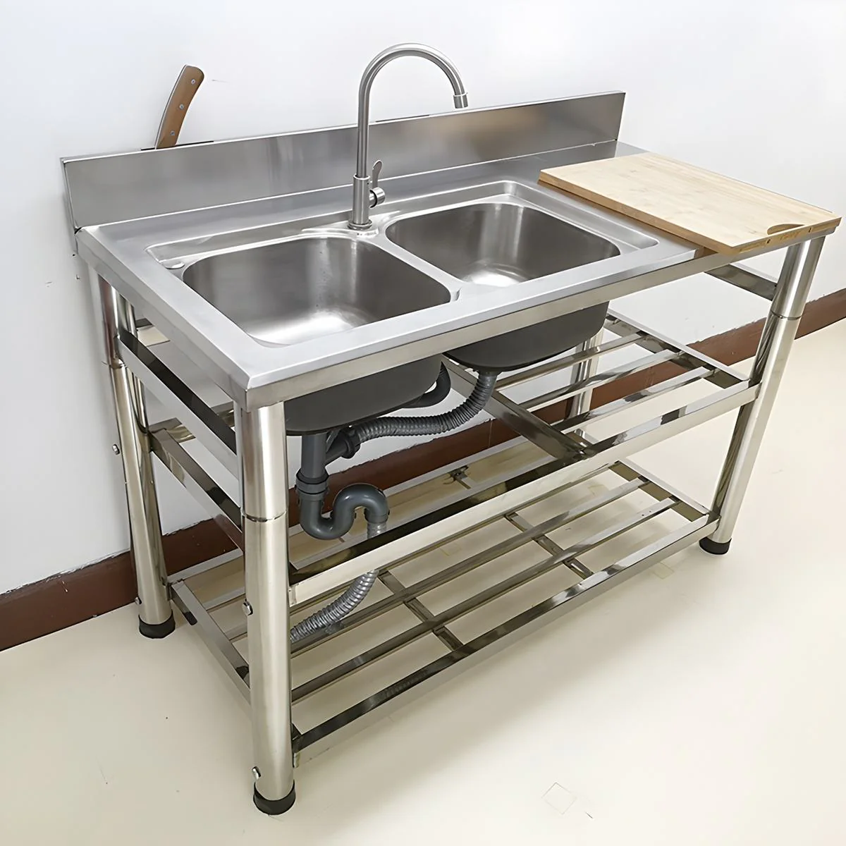 Stainless Steel Double Sink with Faucet & Drain – Commercial Utility Prep Table 9938841 - Image 3