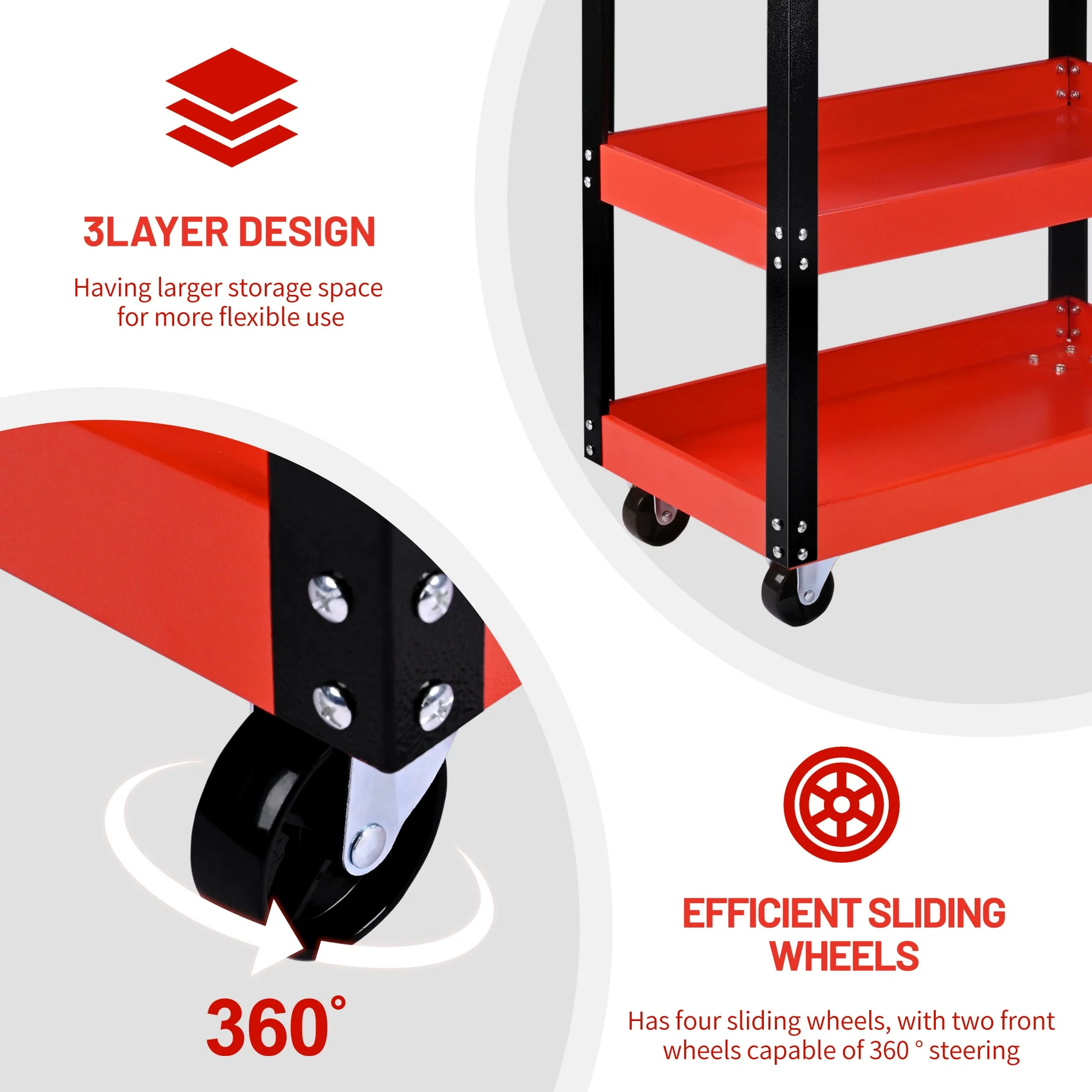 Steel Tool Trolley with Wheels – 3-Tier Workshop Storage Cart with Side Handle, Heavy-Duty Rolling Tool Organizer AMTMC02 - Image 2
