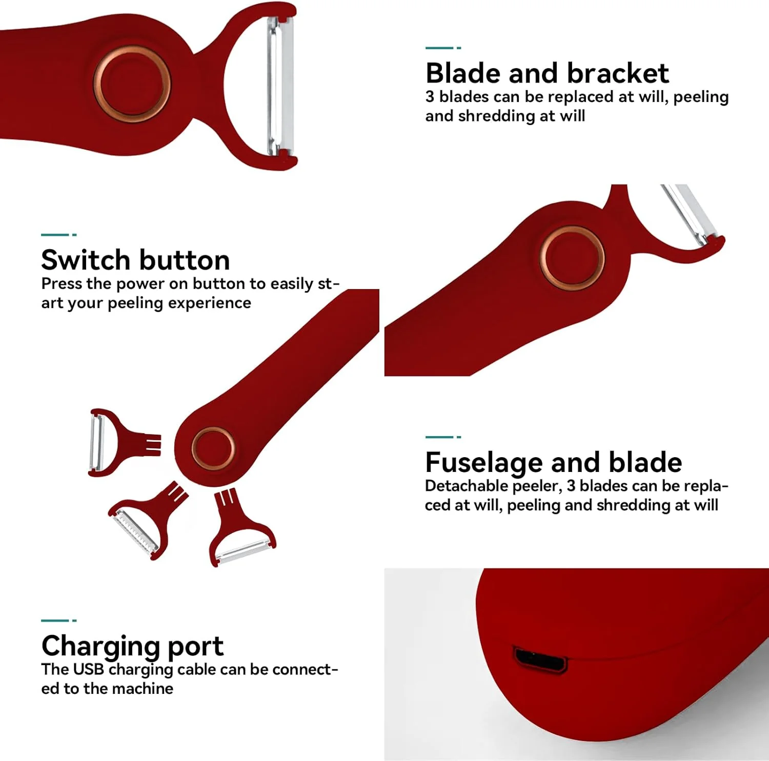 SUNHAIXIA 3 in 1 Electric Vegetable Peeler USB Rechargeable Automatic Fruit and Vegetable Peeler - Image 3
