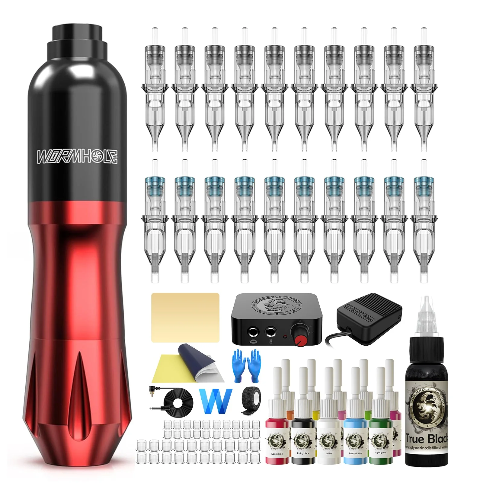 Tattoo Kit Pen Machine 20 Cartridge Needles 10 Ink Colors with Power Supply Foot Pedal RCA Cord – WTK079