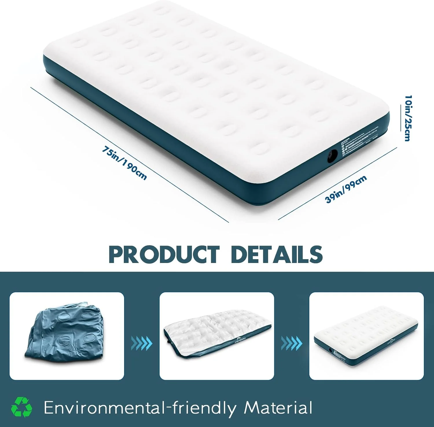Twin Size Inflatable Air Mattress 75″ × 39″ × 10″ Lightweight Air Bed JSHE004T - Image 2