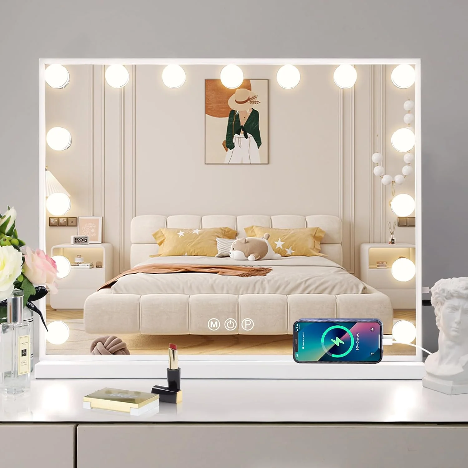 Vanity Mirror with Lights 15LED Bulbs 3 Lighting Modes Lighted Makeup Mirror for Desk or Wall-Mount Hollywood Vanity Mirror with USB Charger Port. 22.8" x 18.1" (58*46cm). Built-in Bluetooth speaker