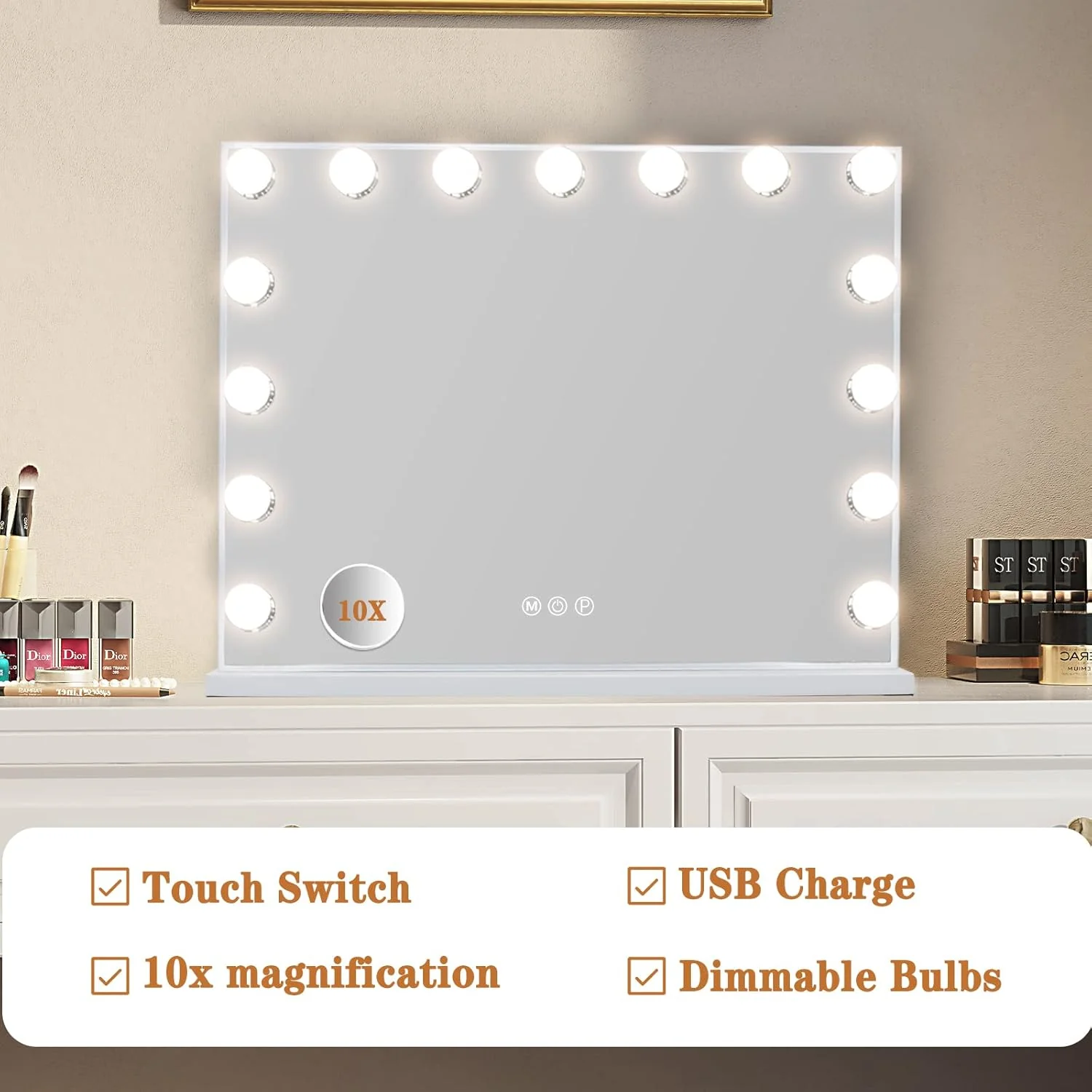 Vanity Mirror with Lights 15LED Bulbs 3 Lighting Modes Lighted Makeup Mirror for Desk or Wall-Mount Hollywood Vanity Mirror with USB Charger Port. 22.8" x 18.1" (58*46cm). Built-in Bluetooth speaker - Image 4