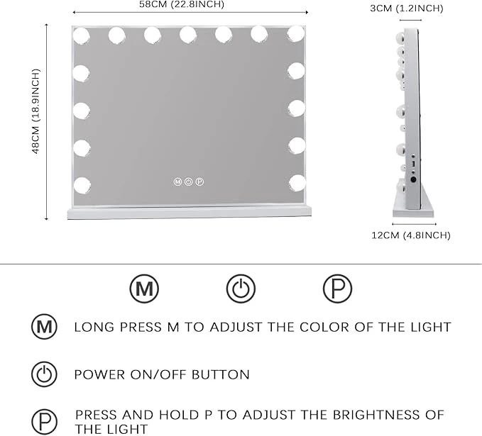 Vanity Mirror with Lights 15LED Bulbs 3 Lighting Modes Lighted Makeup Mirror for Desk or Wall-Mount Hollywood Vanity Mirror with USB Charger Port. 22.8" x 18.1" (58*46cm). Built-in Bluetooth speaker - Image 5