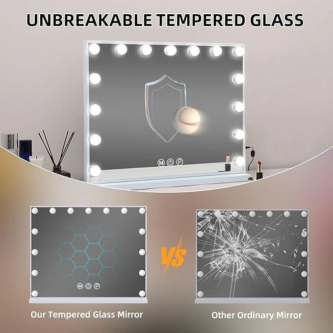 Vanity Mirror with Lights 15LED Bulbs 3 Lighting Modes Lighted Makeup Mirror for Desk or Wall-Mount Hollywood Vanity Mirror with USB Charger Port. 22.8" x 18.1" (58*46cm). Built-in Bluetooth speaker - Image 6