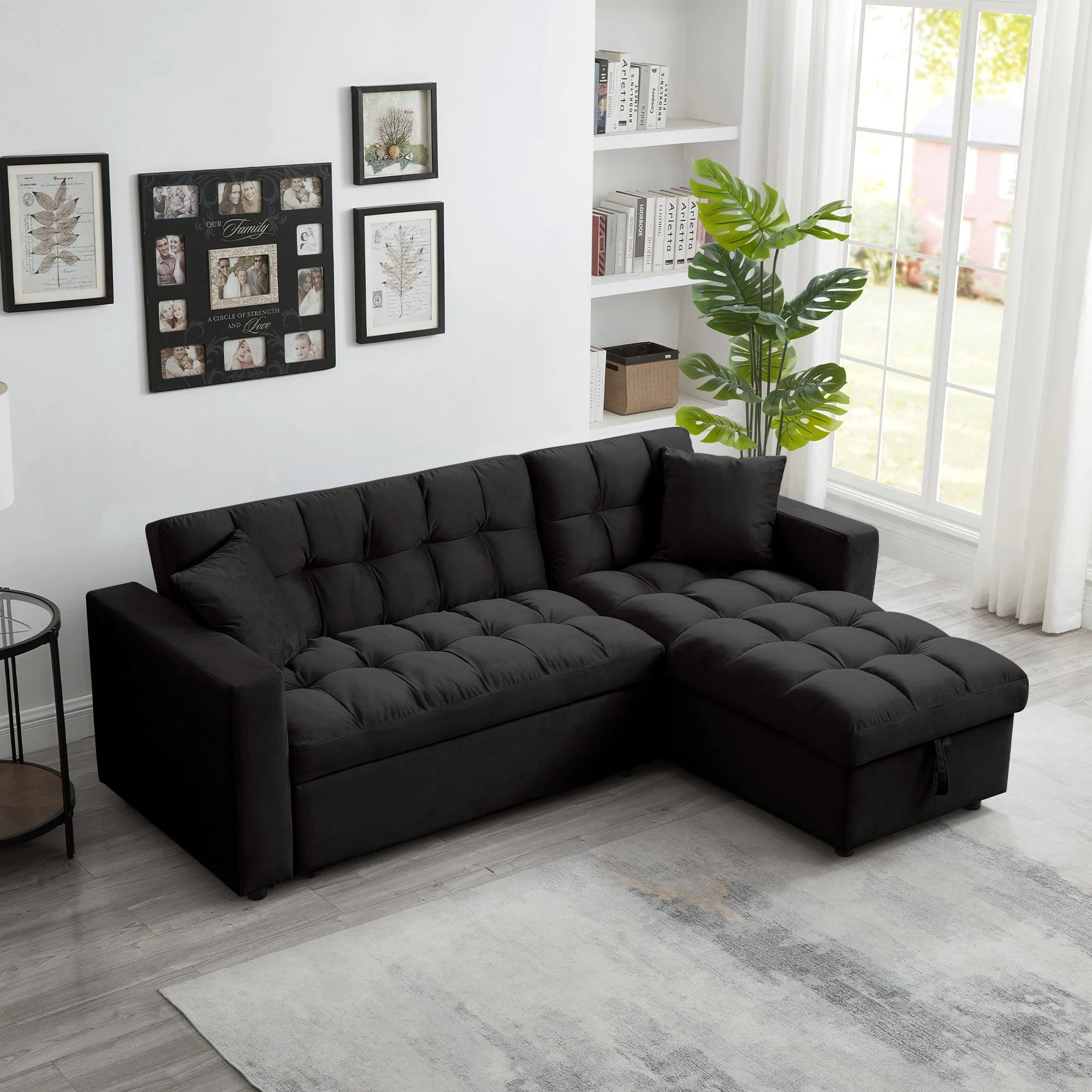 Luxury Velvet Sectional Sofa Sleeper with Reversible Chaise Pull-Out Bed Storage