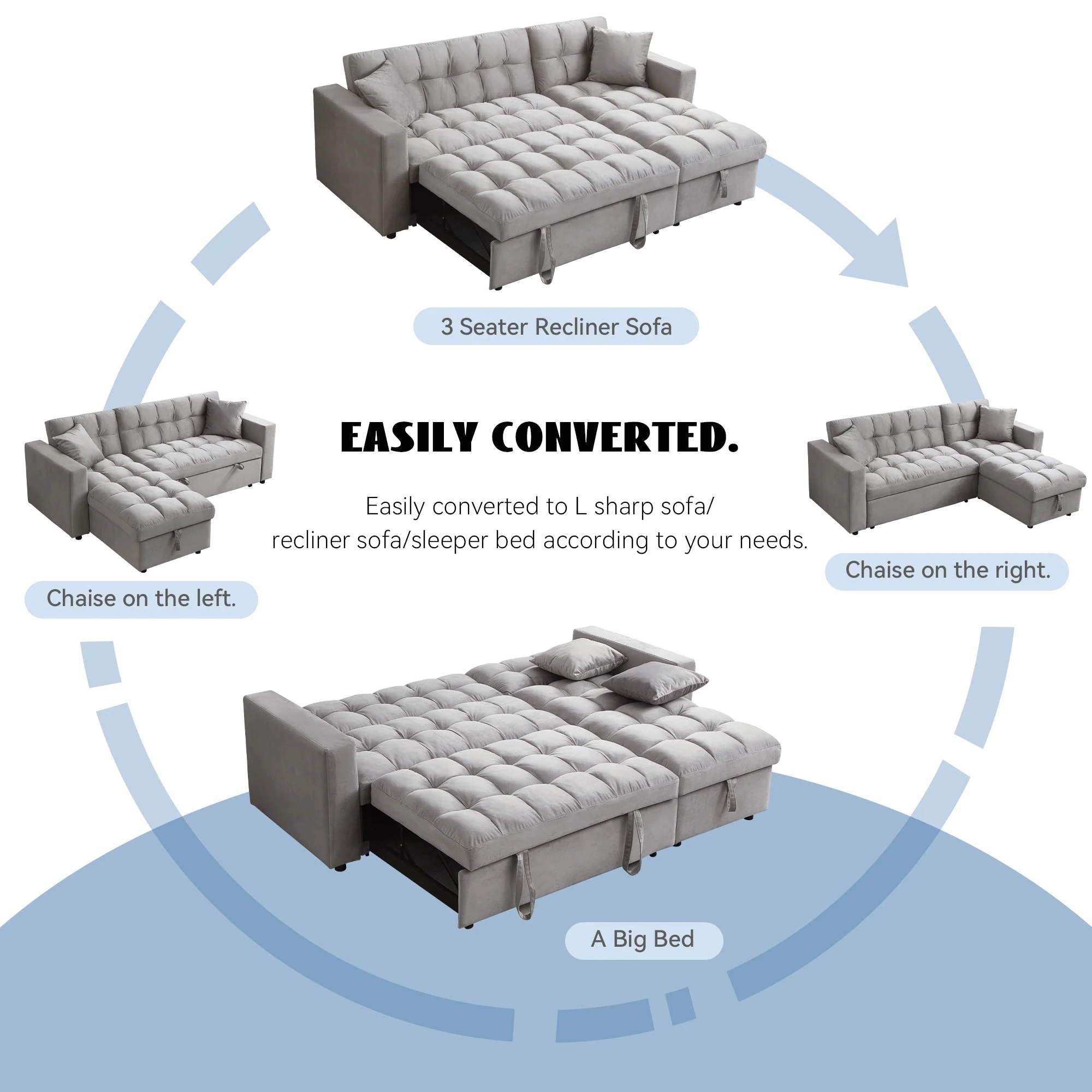 Luxury Velvet Sectional Sofa Sleeper with Reversible Chaise Pull-Out Bed Storage - Image 2