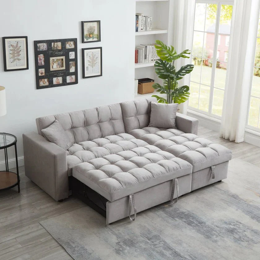 Luxury Velvet Sectional Sofa Sleeper with Reversible Chaise Pull-Out Bed Storage - Image 3