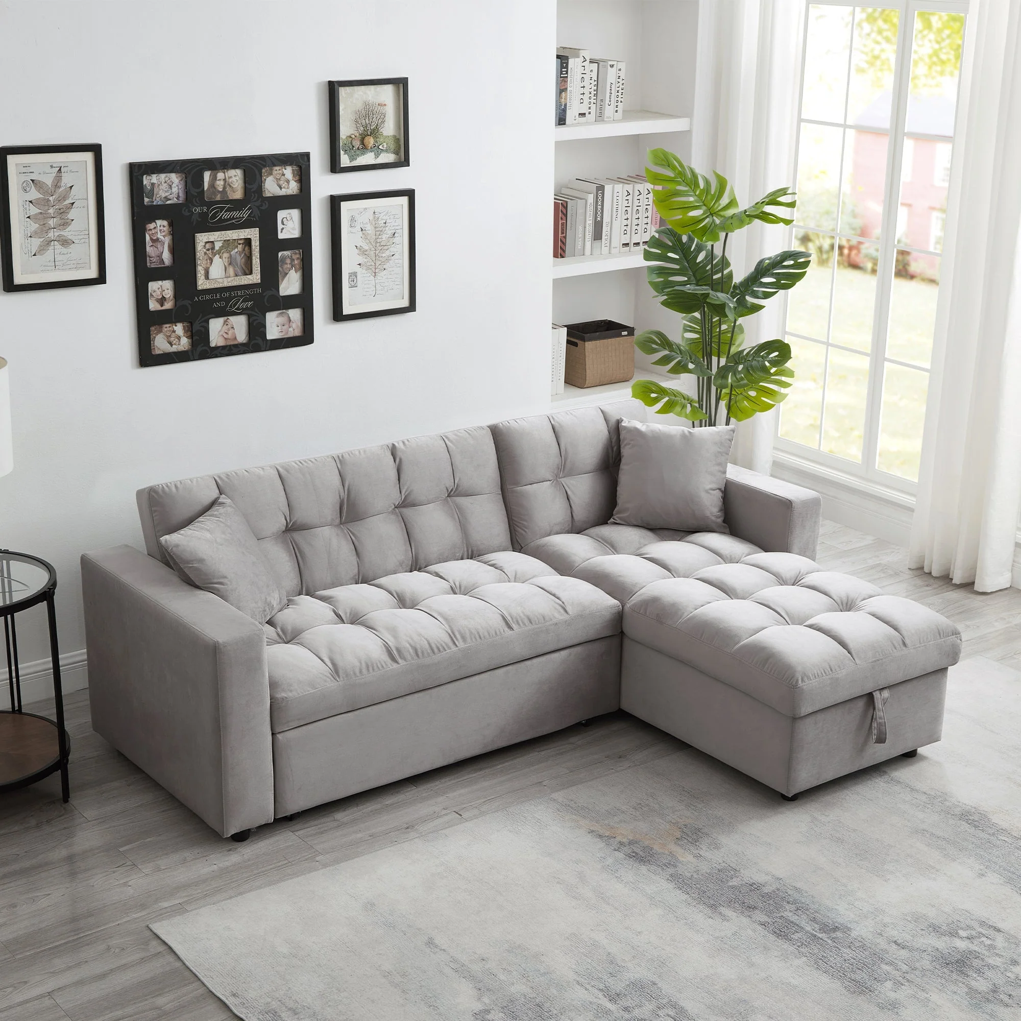 Luxury Velvet Sectional Sofa Sleeper with Reversible Chaise Pull-Out Bed Storage - Image 4