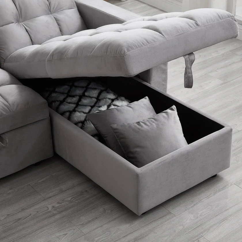 Luxury Velvet Sectional Sofa Sleeper with Reversible Chaise Pull-Out Bed Storage - Image 5