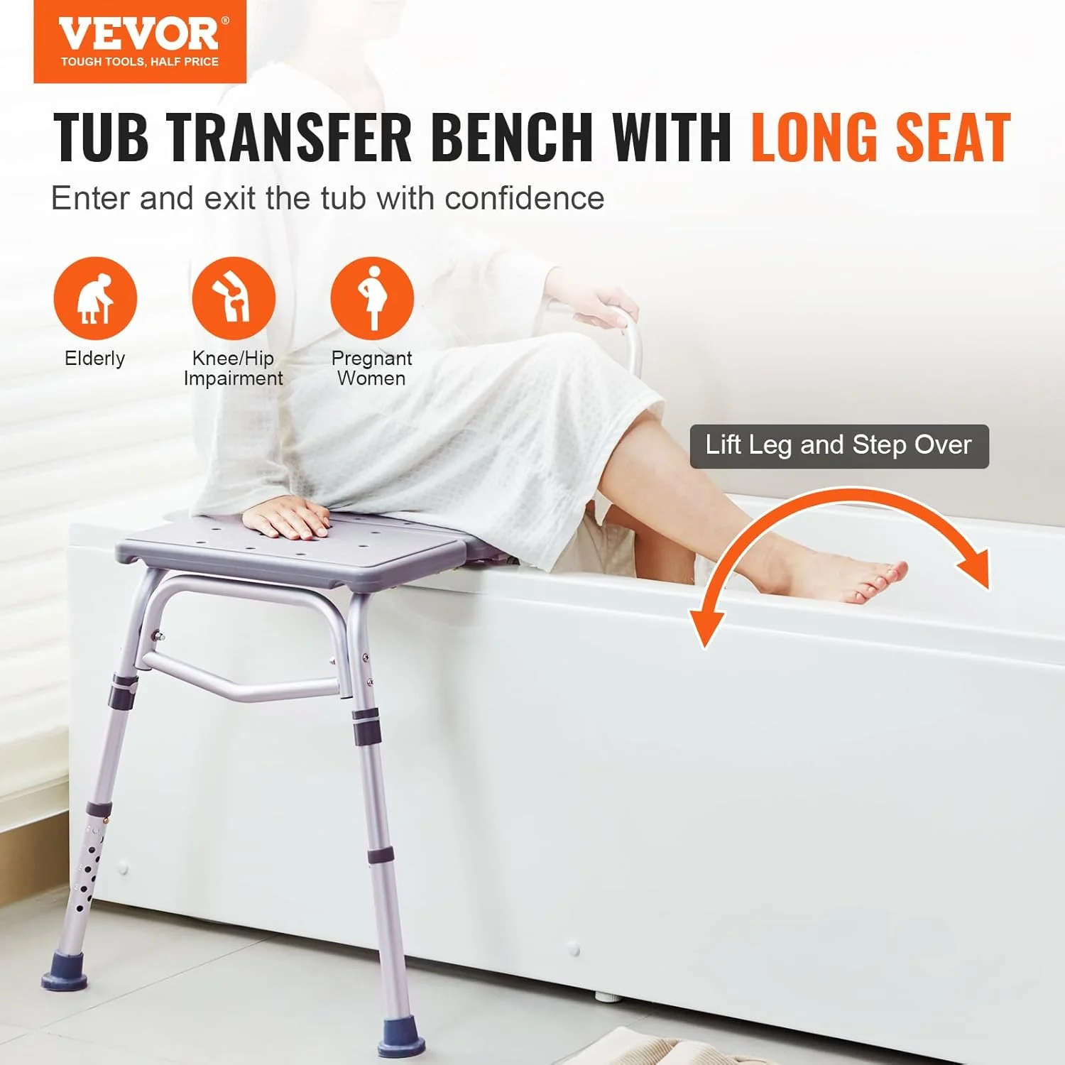 VEVOR Tub Transfer Bench for Bathtub, Adjustable Shower Seats for Adults, Lightweight Shower Bench for Elderly and Disabled, Non-Slip Bath Seats with Armrest and Reversible Backrest, 400lbs Capacity - Image 3