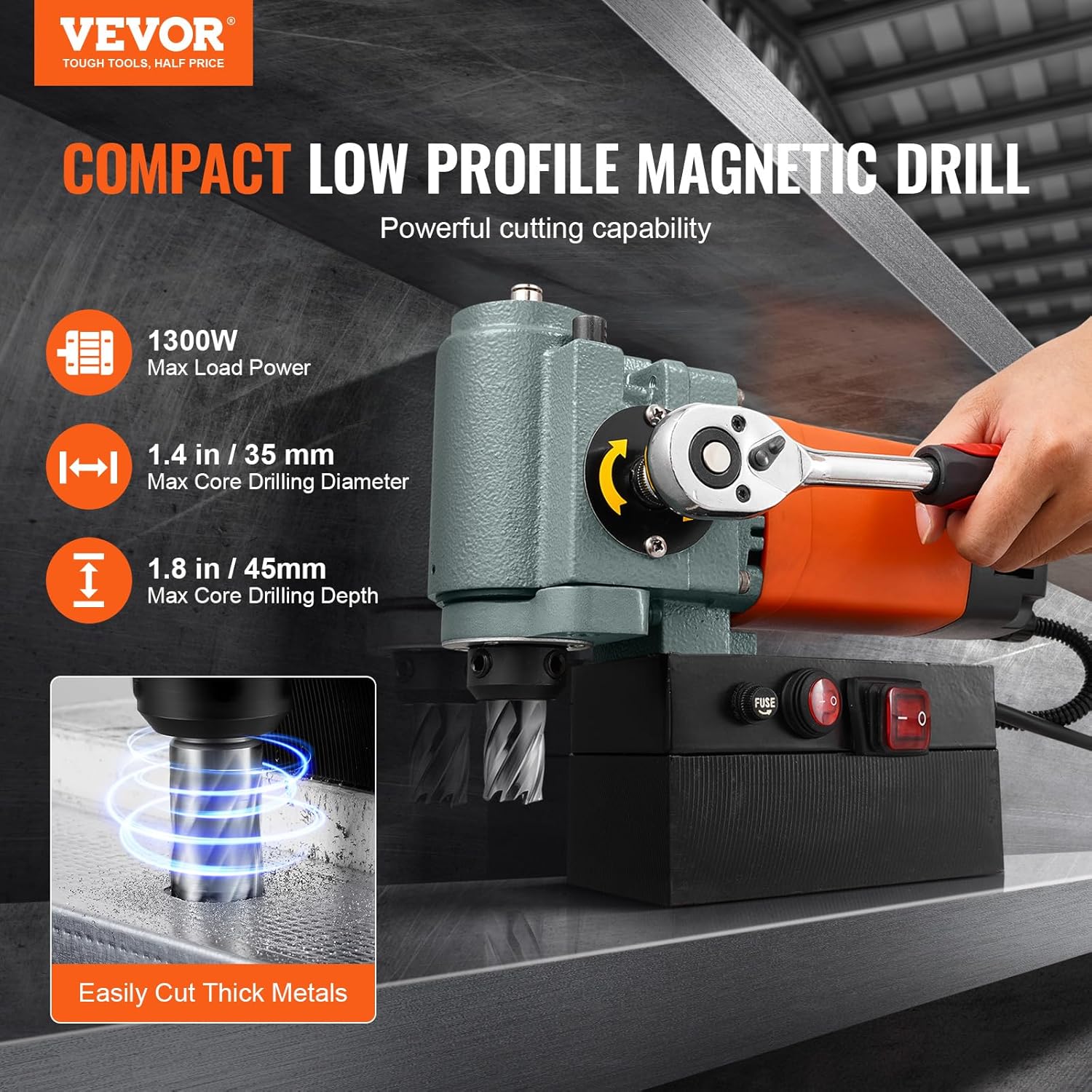VEVOR Low Profile Magnetic Drill 1300 W, Magnetic Column Drill Max. 35 mm Drilling Diameter with Cooling Device and Overload Protection, for Construction - Image 2