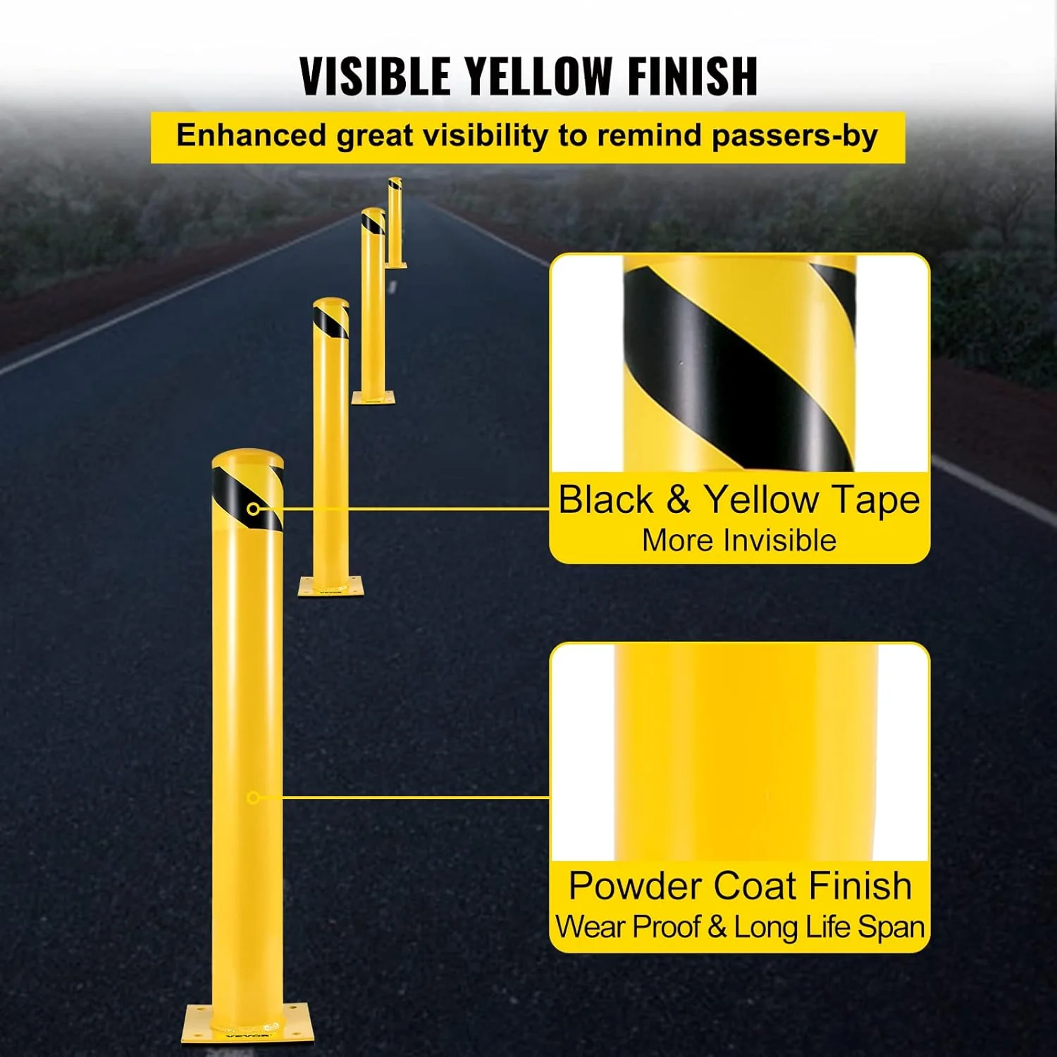VEVOR Safety Bollard, 48 Inch Height Bollard Post, 5.5 Inch Diameter Steel Pipe Safety Bollard Post, Yellow Steel Bollard, Steel Safety Bollard with 8 Anchor Bolts, Perfect for Traffic-Sensitive Area - Image 3