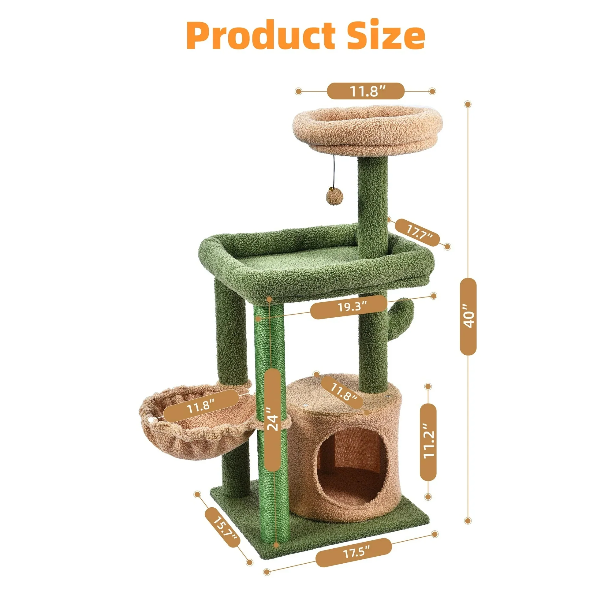 Vibrant Life 40" Cactus Cat Scratching Post with Toy Ball – Green Cat Tree for Indoor Cats - Image 4