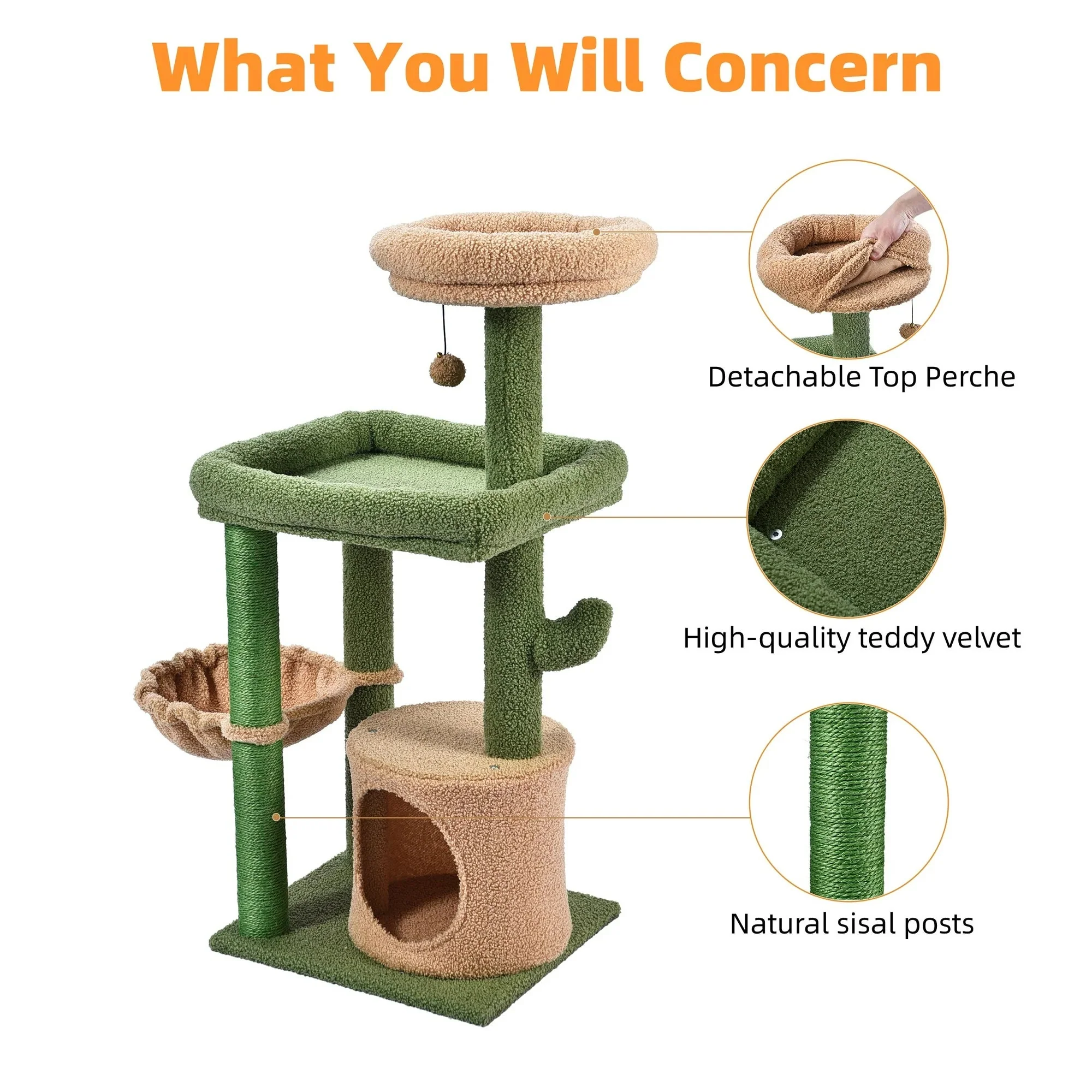 Vibrant Life 40" Cactus Cat Scratching Post with Toy Ball – Green Cat Tree for Indoor Cats - Image 5