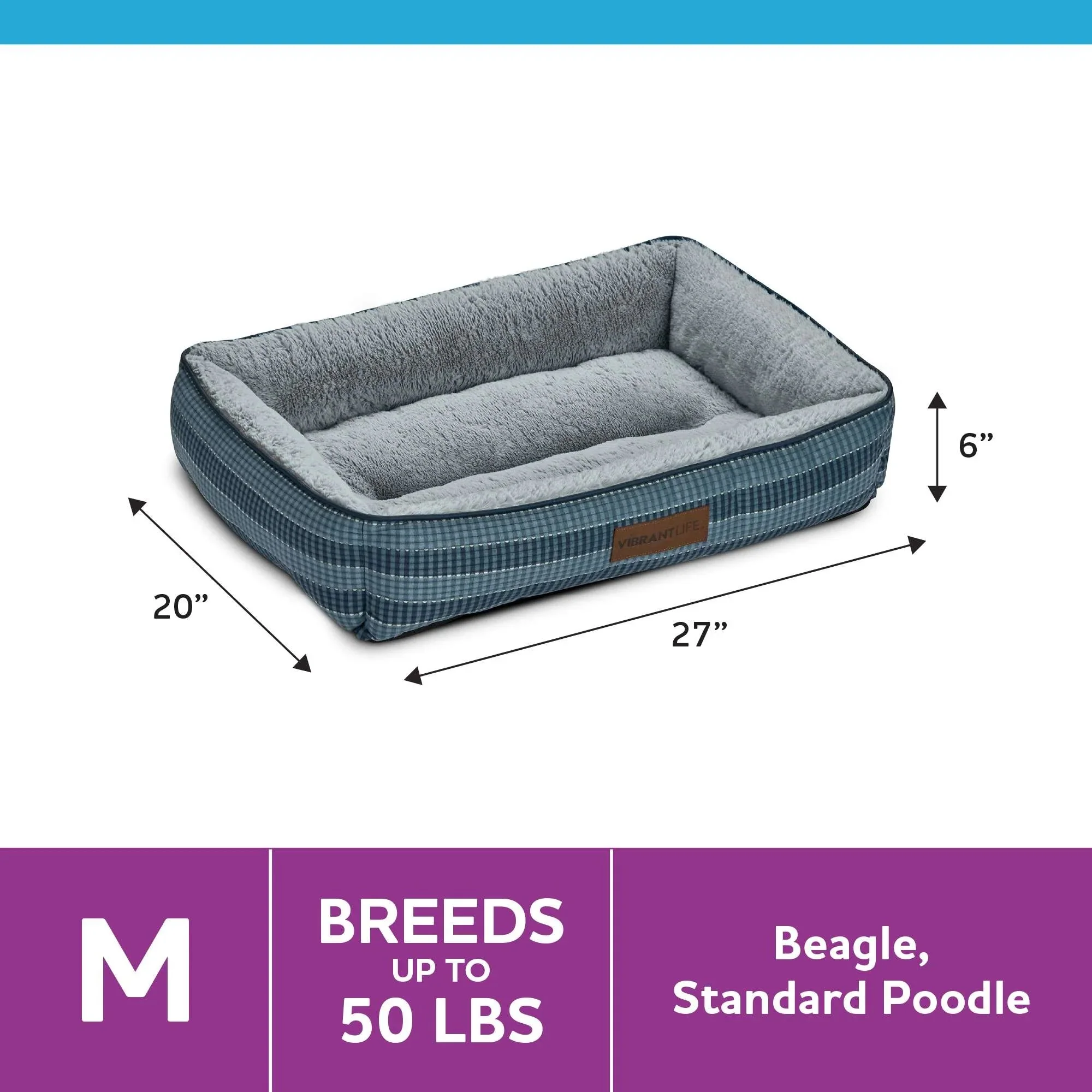 Vibrant Life Medium Lounger Dog Bed Blue 27 x 20 Inch Pet Bed - Image 3
