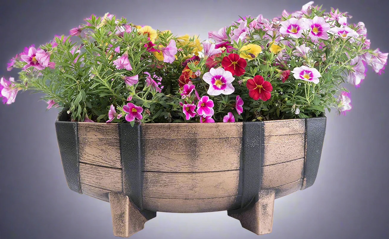 Vintage Half Barrel Plastic Planters (2-Pack) – Rustic Wood-Look Outdoor Garden Pots 11.75" x 16.25" - Image 2