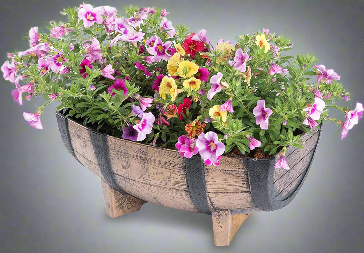 Vintage Half Barrel Plastic Planters (2-Pack) – Rustic Wood-Look Outdoor Garden Pots 11.75" x 16.25" - Image 3