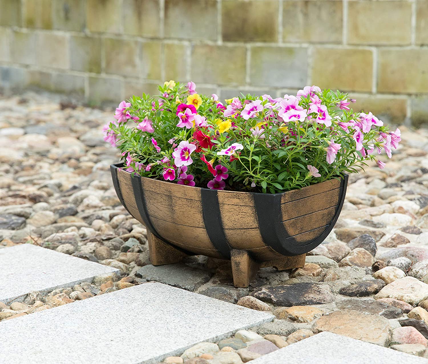 Vintage Half Barrel Plastic Planters (2-Pack) – Rustic Wood-Look Outdoor Garden Pots 11.75" x 16.25" - Image 4