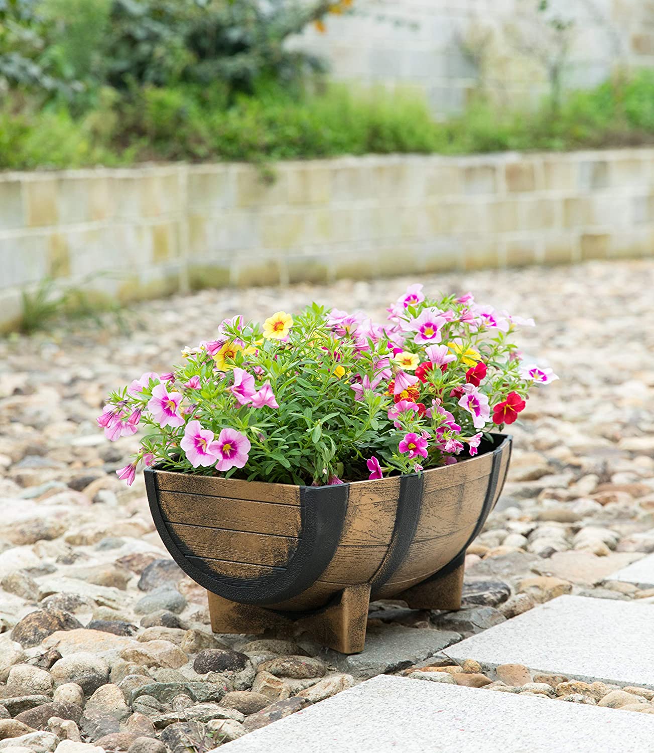 Vintage Half Barrel Plastic Planters (2-Pack) – Rustic Wood-Look Outdoor Garden Pots 11.75" x 16.25" - Image 6