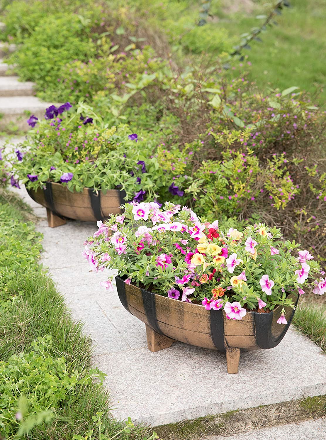 Vintage Half Barrel Plastic Planters (2-Pack) – Rustic Wood-Look Outdoor Garden Pots 11.75" x 16.25" - Image 7