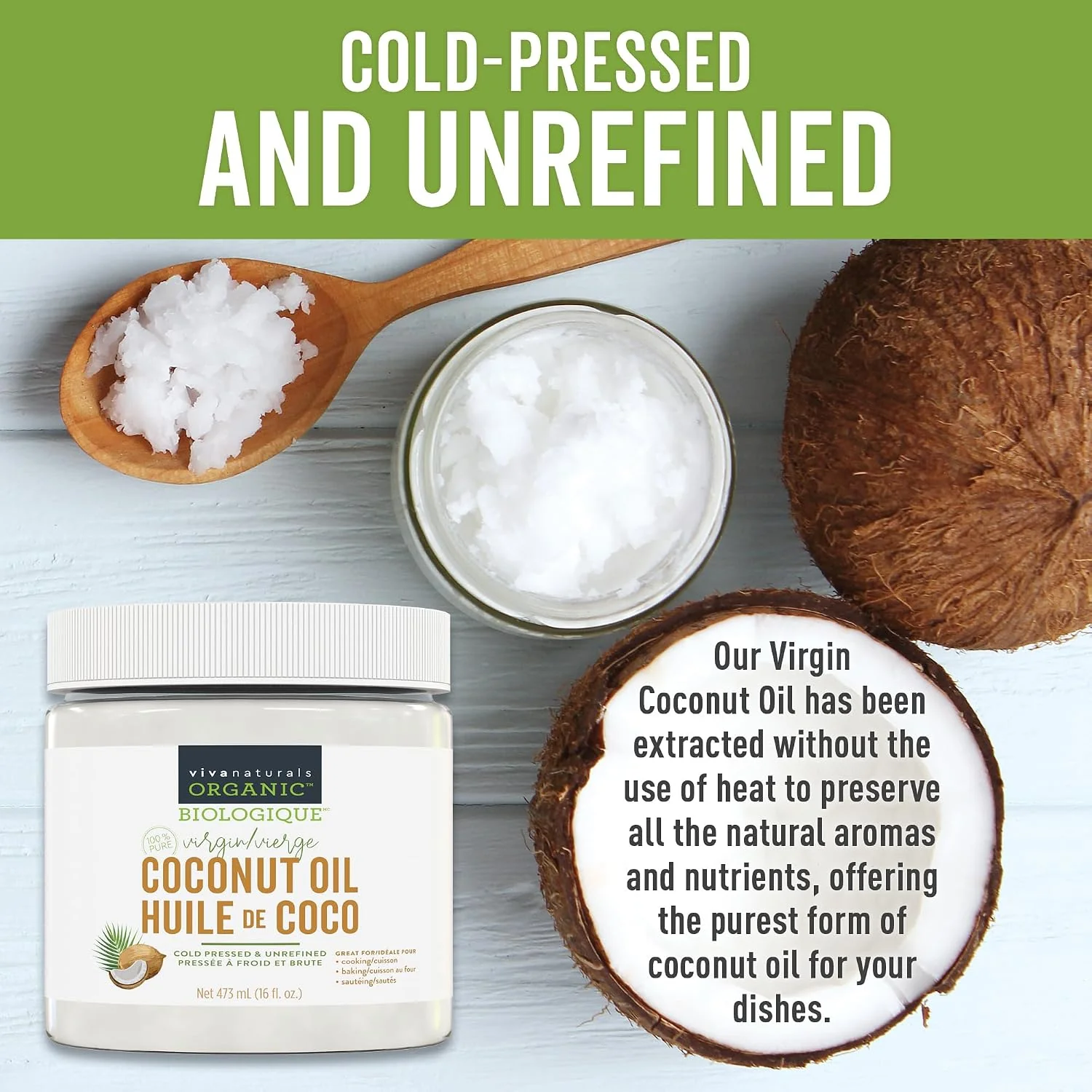 Viva Naturals Organic Virgin Coconut Oil – 16 fl oz Cold-Pressed Unrefined Coconut Oil for Cooking, Baking, Hair and Skin - Image 2