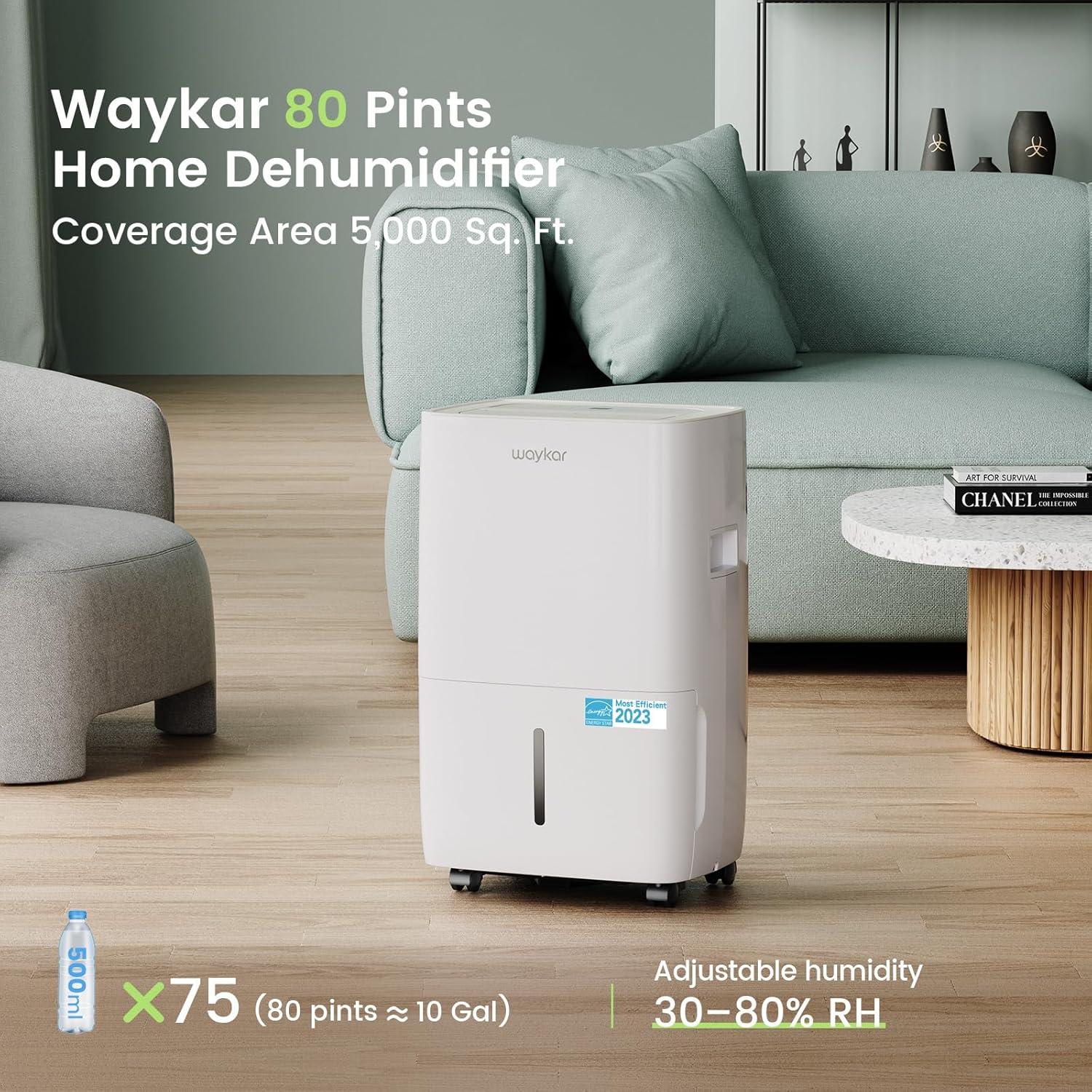 Waykar 120 Pints Energy Star Dehumidifier for Spaces up to 5,000 Sq. Ft at Home, in Basements and Large Rooms with Drain Hose and 1.14 Gallons Water Tank (JD025CE-120) - Image 2