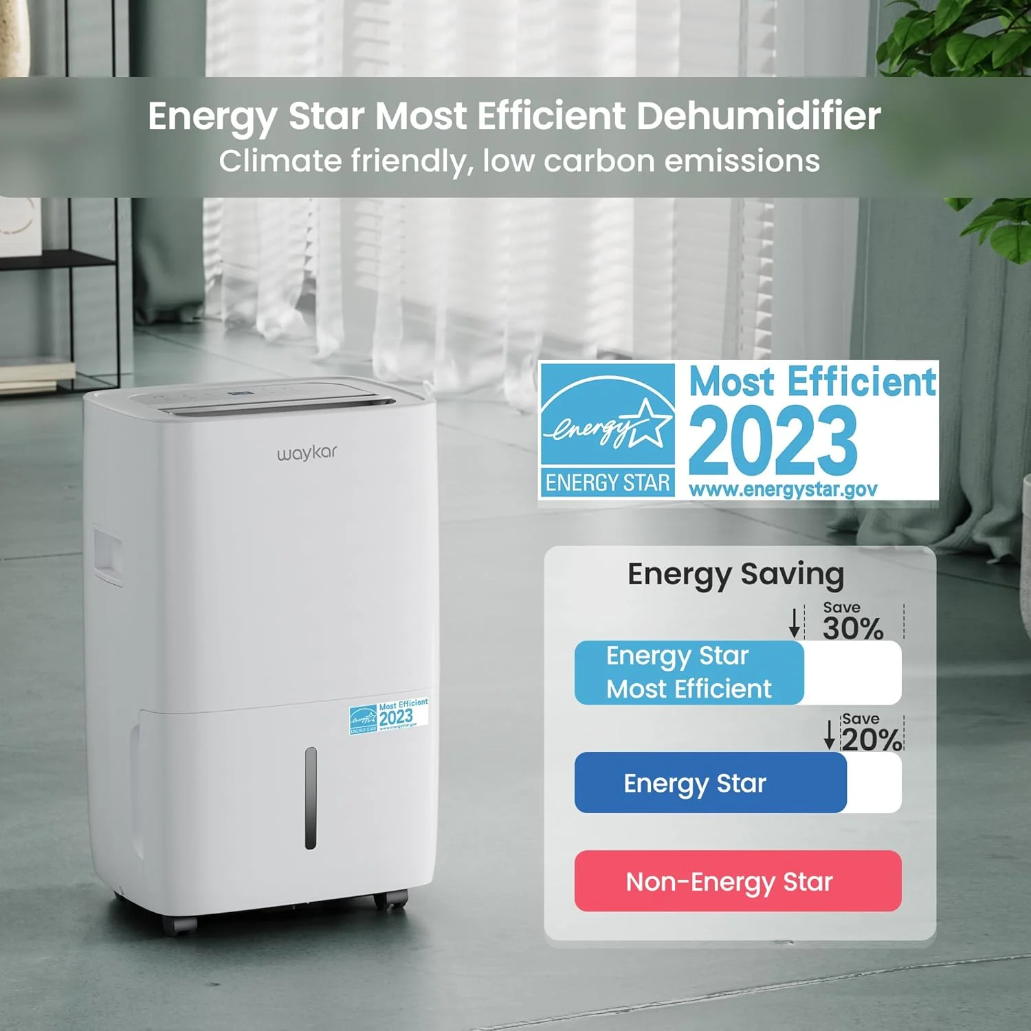 Waykar 120 Pints Energy Star Dehumidifier for Spaces up to 5,000 Sq. Ft at Home, in Basements and Large Rooms with Drain Hose and 1.14 Gallons Water Tank (JD025CE-120) - Image 3